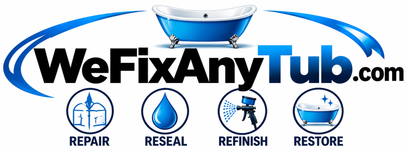 Logo reading “We Fix Any Tub.com” with a blue bathtub and water splash graphic