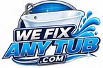 Logo reading “We Fix Any Tub.com” with a blue bathtub and water splash graphic