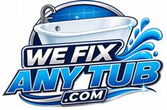 Logo reading &ldquo;We Fix Any Tub.com&rdquo; with a blue bathtub and water splash graphic