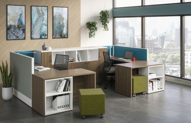 Modern office space with desk, two brown chairs, shelves, and decor.