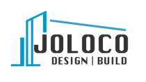 The logo for joloco design and build is blue and black.