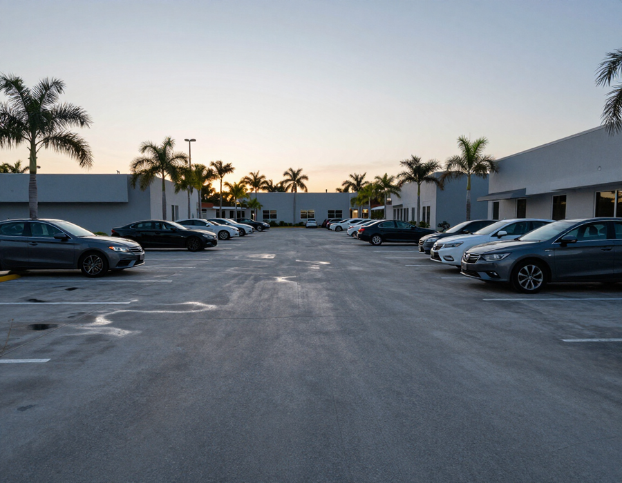 Parking lot between low-rise buildings at dusk, with parked cars and palm trees lining the road.