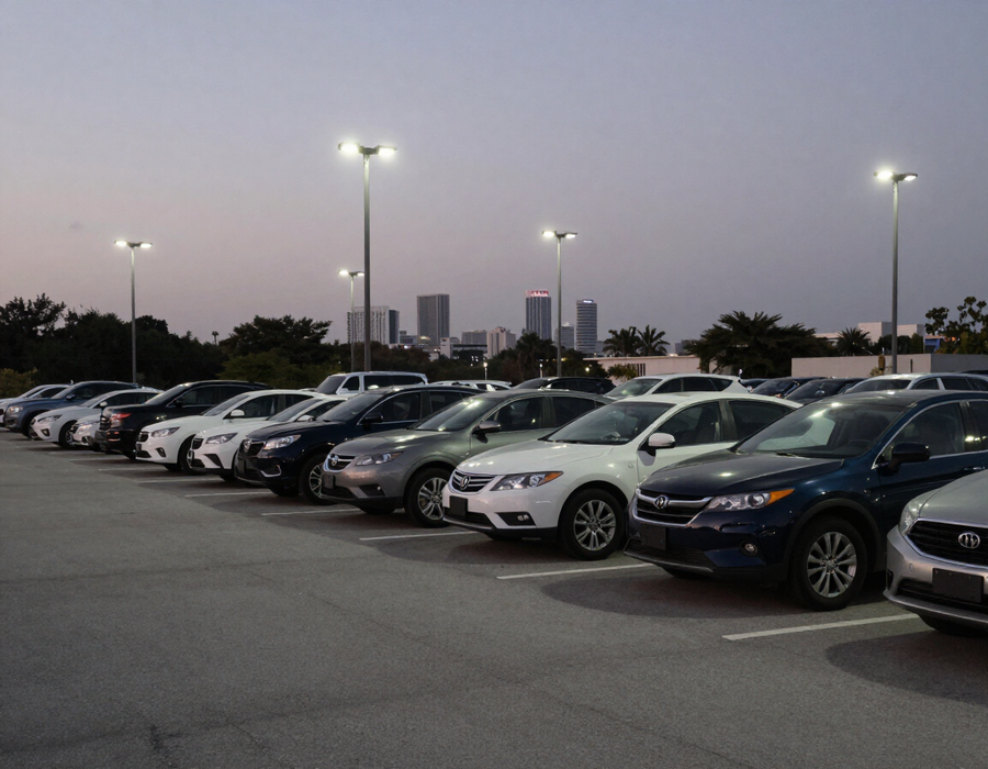 Row of parked cars in a lot at dusk with tall lights and city buildings in the distance