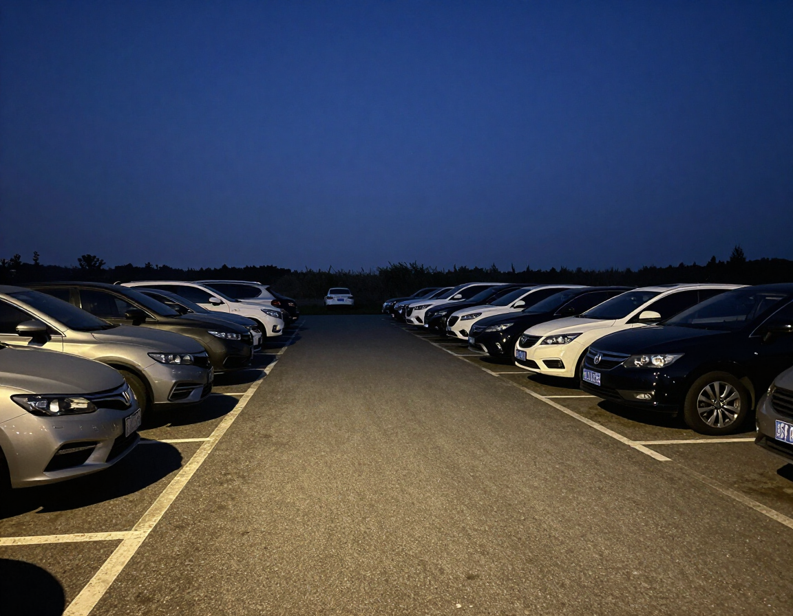 Rows of parked cars lining both sides of a gravel road at dusk under a dark blue sky.