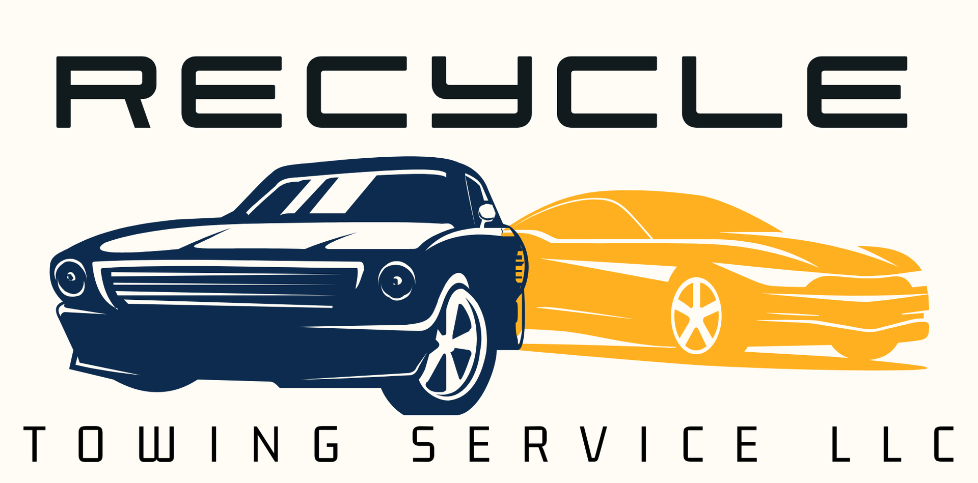 Recycle Towing Service LLC logo with a blue classic tow truck and yellow sports car silhouette