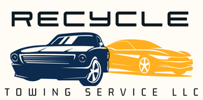Recycle Towing Service LLC logo with a blue classic tow truck and yellow sports car silhouette