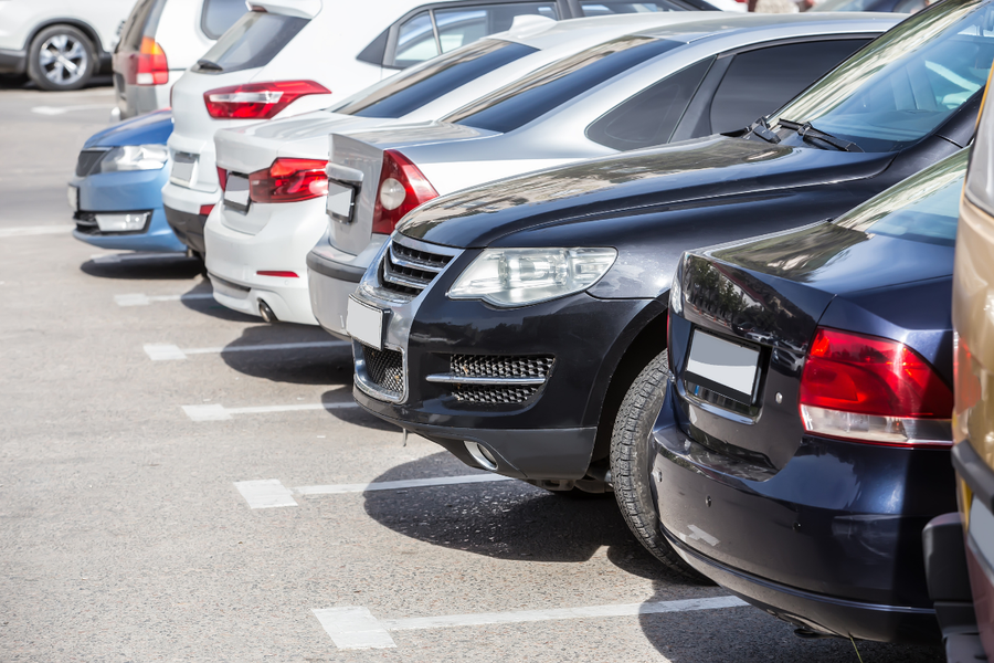 Parked cars lined up in an outdoor parking lot, rear ends facing the camera.