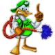 Cartoon duck janitor in green cap and shirt, holding up one finger and cleaning with a blue mop marked H2O