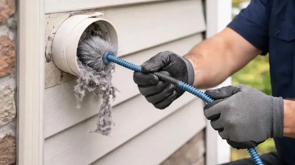Person cleaning a white dryer vent with a blue hose and gray gloves on a house exterior