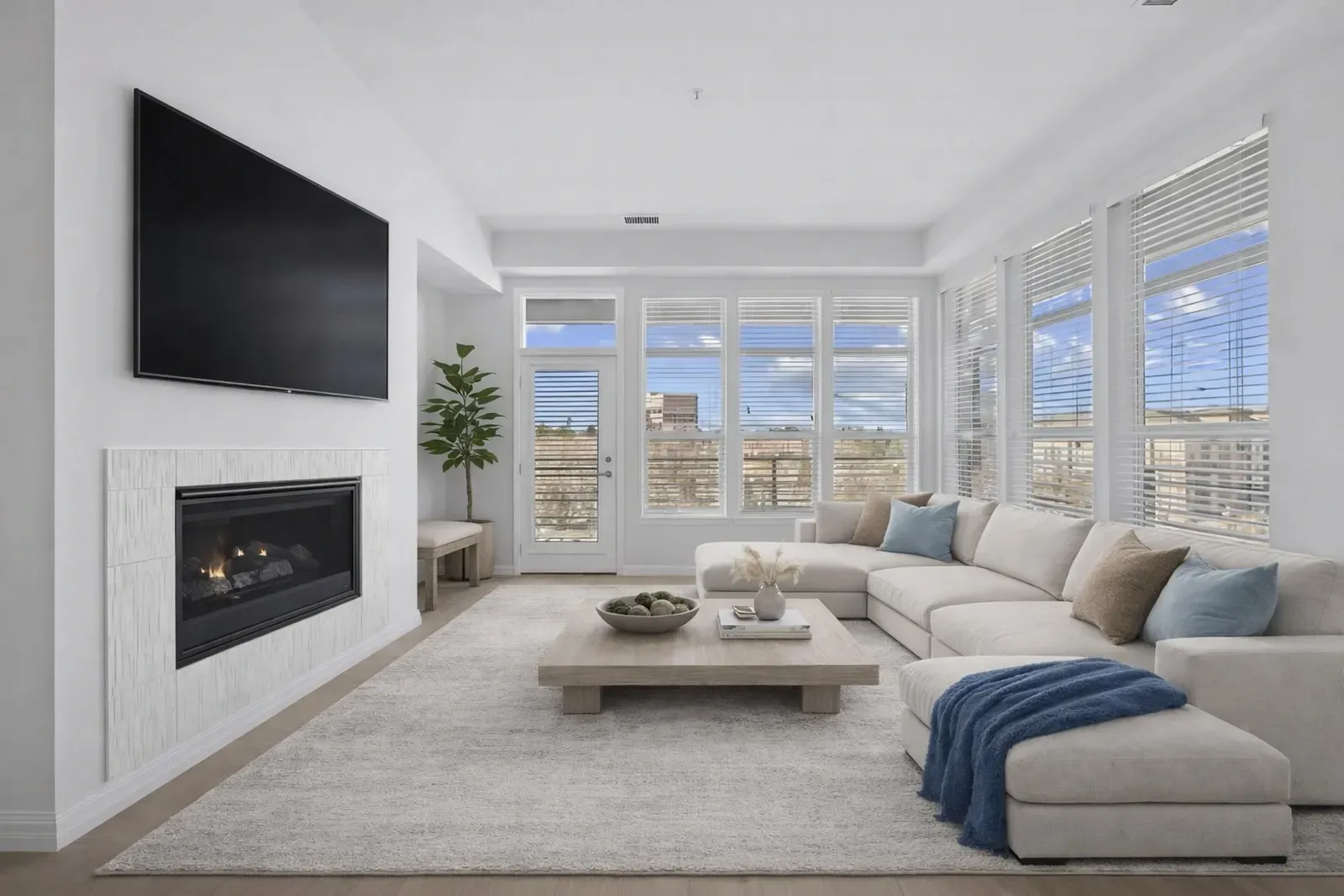 Living room with a fireplace, large sectional sofa, and a coffee table.