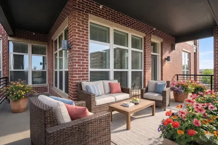 Spacious balcony with wicker furniture and colorful flowers.