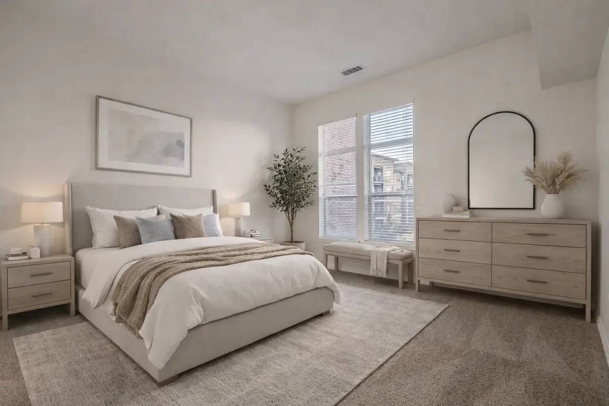 A beautifully staged bedroom with a king-sized bed, nightstands, a dresser, and a large window.