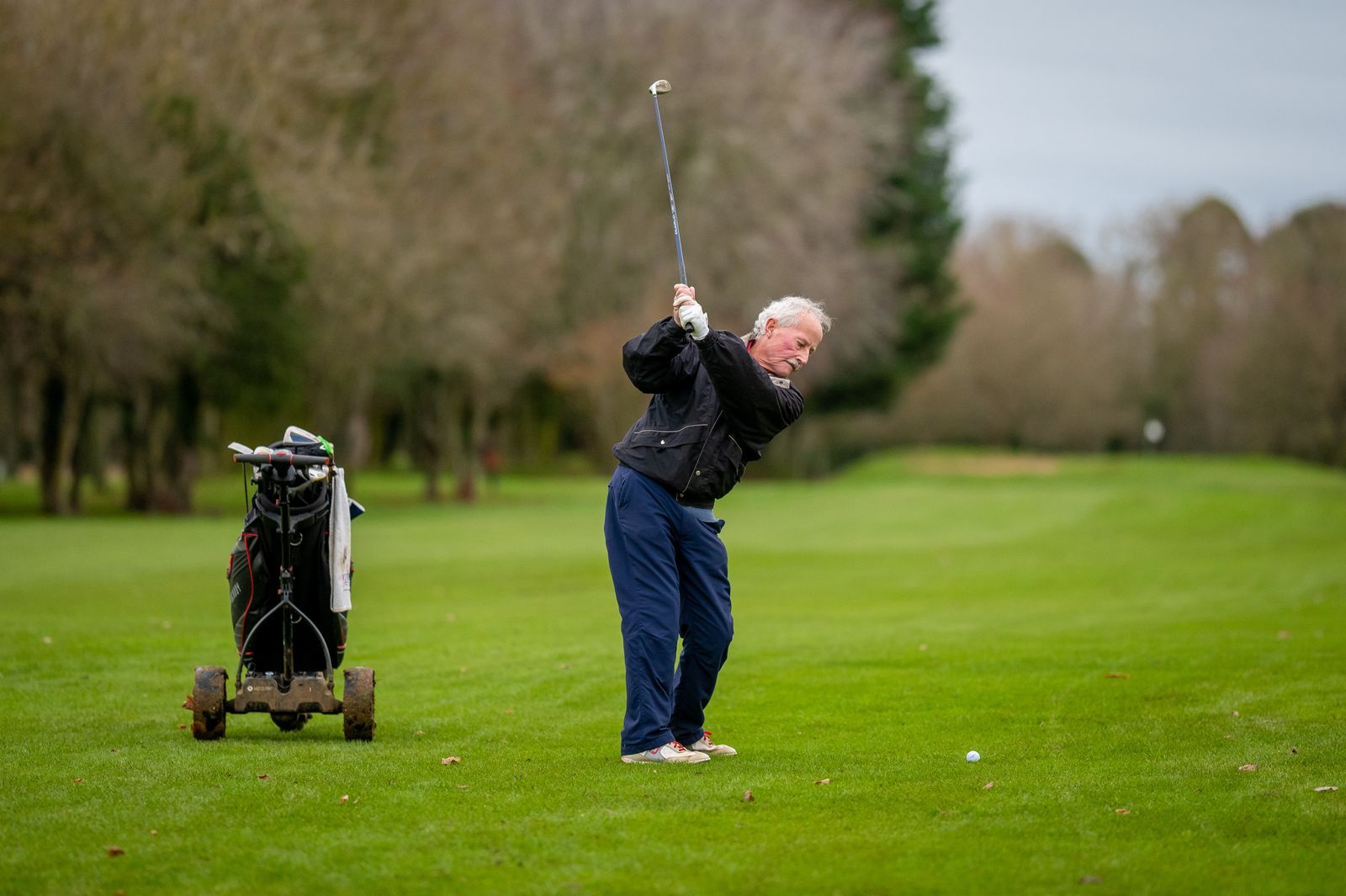 Golfer mid-swing on a green fairway beside a golf cart, with trees in the background.