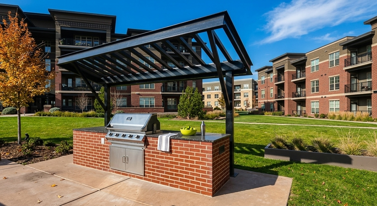 Outdoor brick grilling station with black metal canopy in a sunny apartment courtyard.