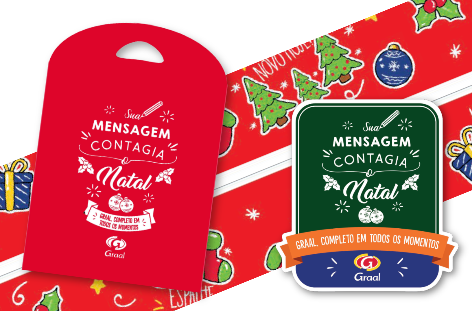 Embalagens e materiais promocionais da campanha de Natal da Rede Graal