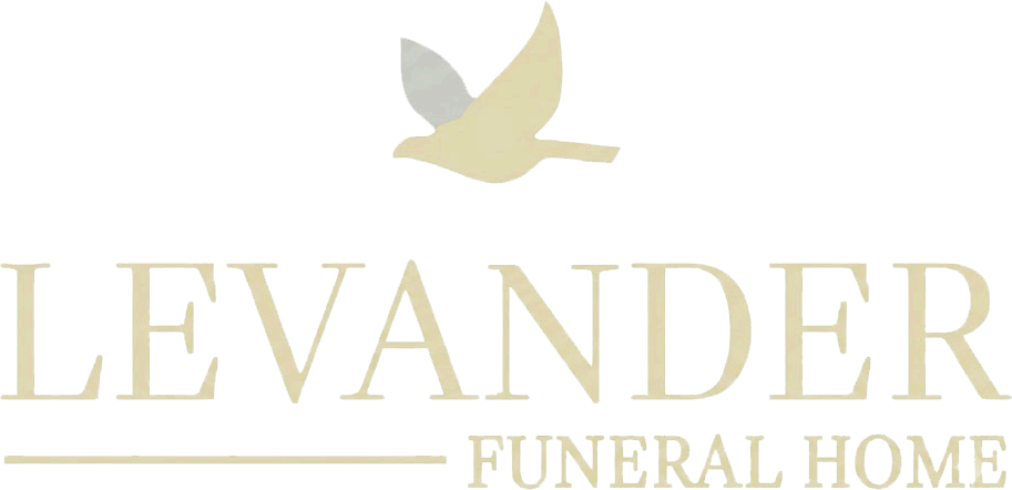 Levander Funeral Home logo with a pale gold dove above the name and horizontal line