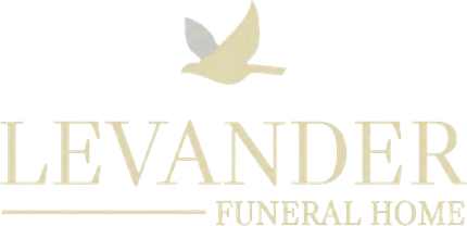 Levander Funeral Home logo with a pale gold dove above the name and horizontal line