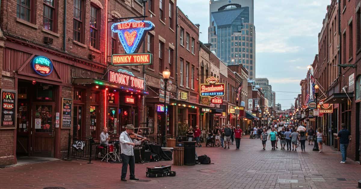 Street musician playing saxophone on Broadway in downtown Nashville as crowds stroll past neon-lit h