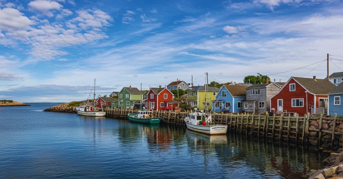 Colorful East Coast fishing village with boats, featured on CosmoVista’s Maritime bus tour.