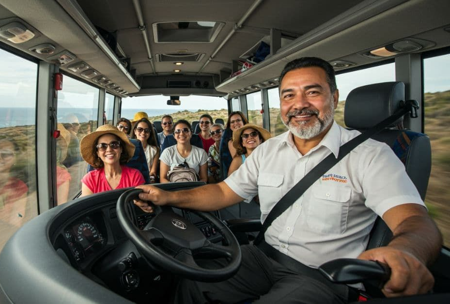Smiling bus driver behind the wheel with CosmoVista Tours