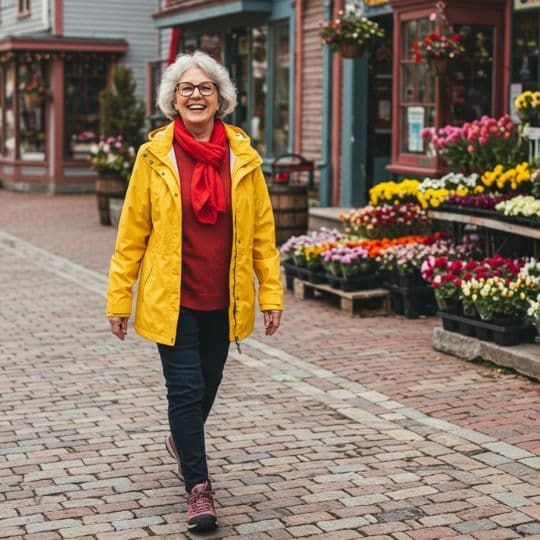 Smiling senior woman leading a small group of solo travelers during a guided walking tour in a historic city setting with autumn trees in the background.