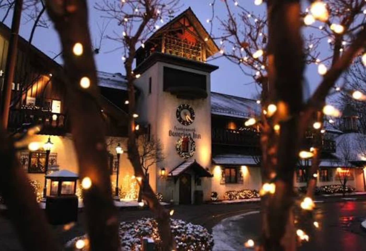 Festive winter scene in downtown Frankenmuth, Michigan.