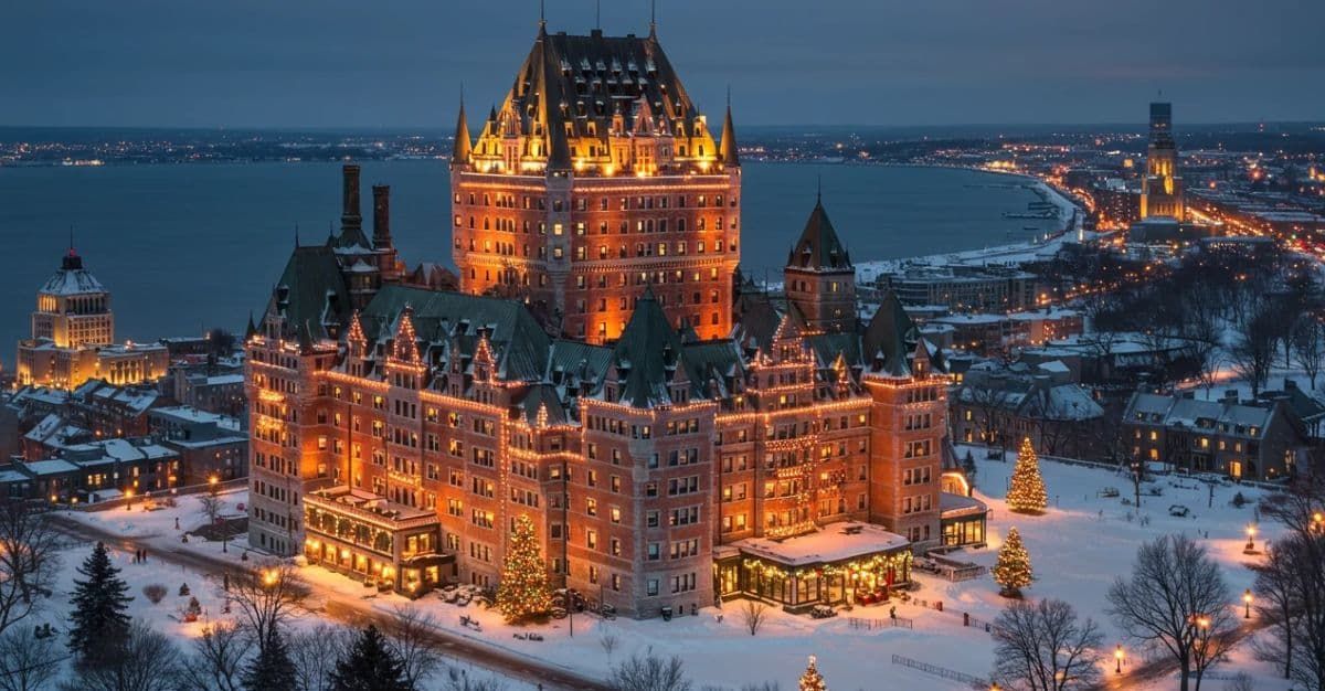 Fairmont Le Château Frontenac illuminated at dusk, surrounded by snow and Christmas lights overlooking the St. Lawrence River in Québec City.