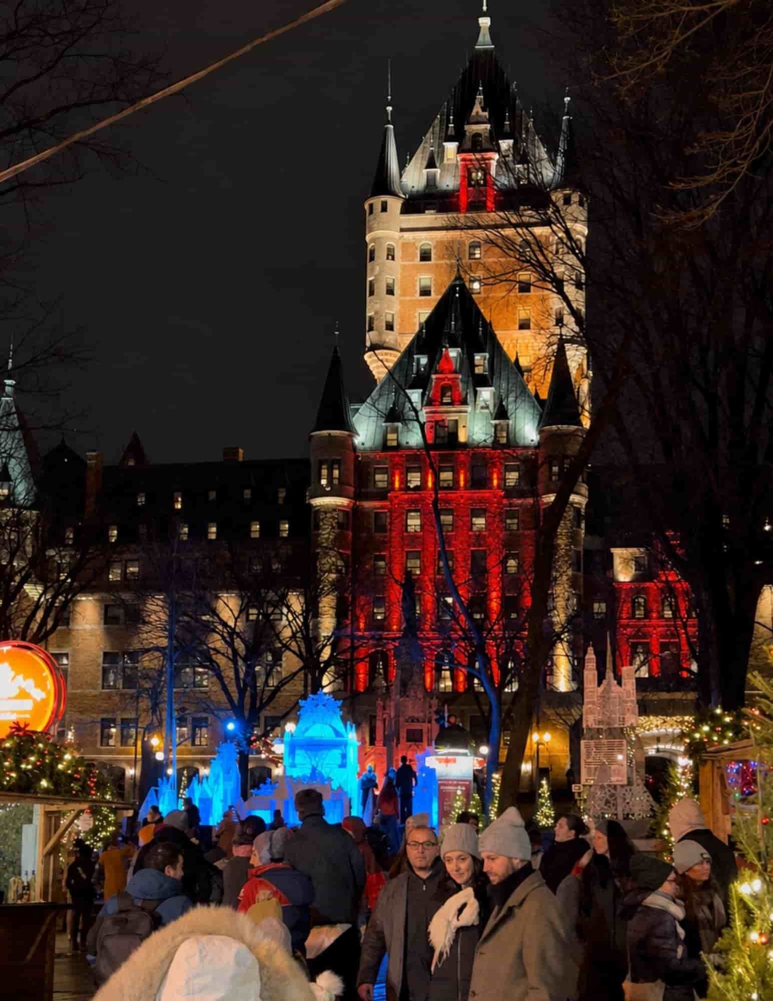 Illuminated Fairmont Le Château Frontenac during German Christmas Market