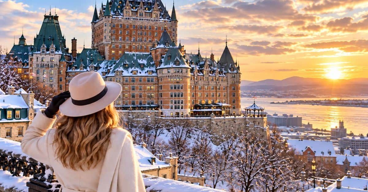 Woman overlooking snow-covered Old Québec and Fairmont Le Château Frontenac at sunset, with the St. Lawrence River in the distance.