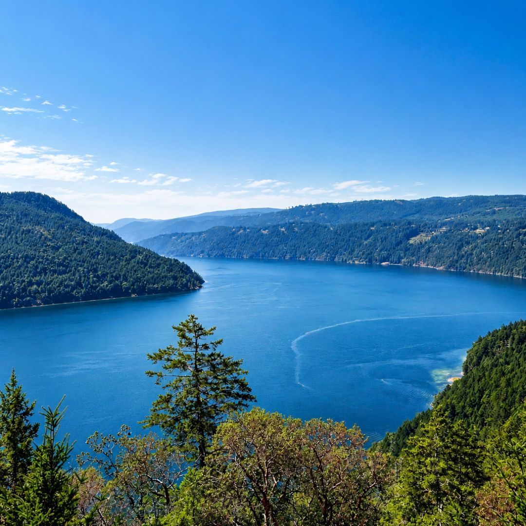 Panoramic view of Saanich Inlet and forested mountains from the Malahat on Vancouver Island, near Victoria, British Columbia.