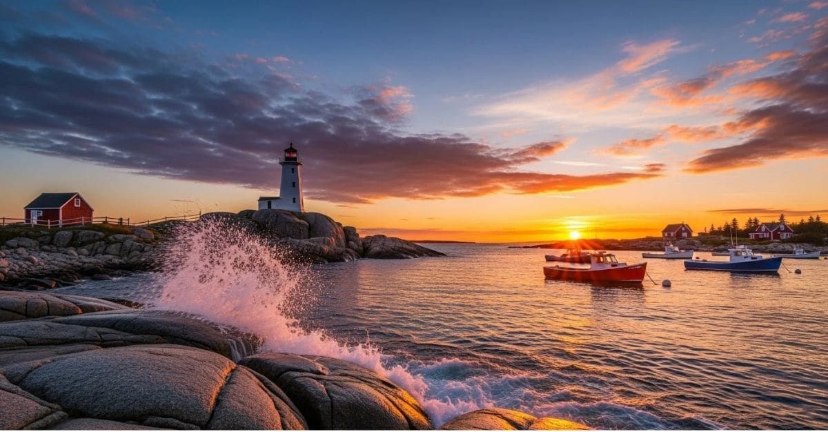 Lighthouse and fishing boats along Nova Scotia’s rocky coast at sunset, with waves splashing against granite boulders.