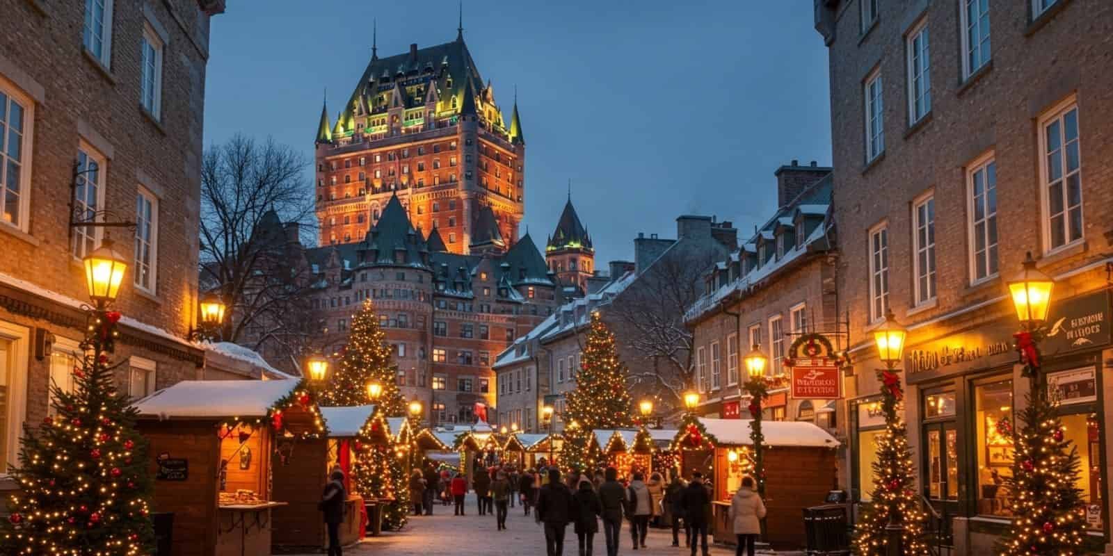 Festive wooden stalls at the Old Quebec German Christmas Market glowing with lights, surrounded by 