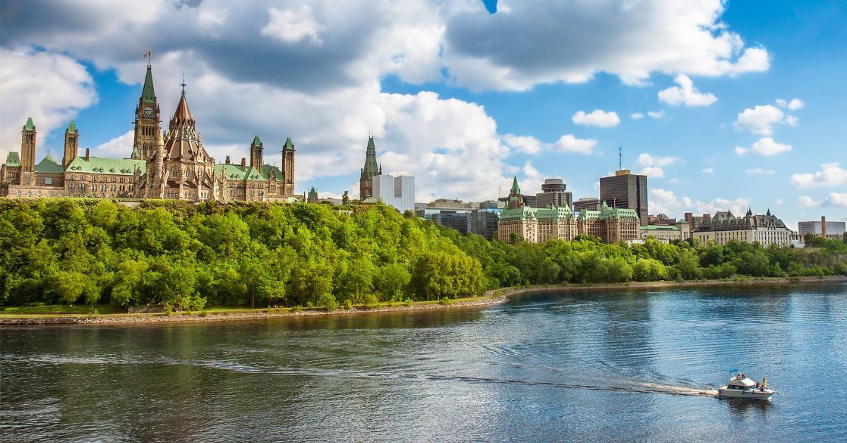 A panoramic view of Parliament Hill in Ottawa, with the Gothic-style buildings.