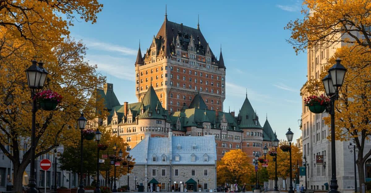 Fairmont Le Château Frontenac overlooking an Old Québec street framed by golden autumn trees and decorative lampposts.