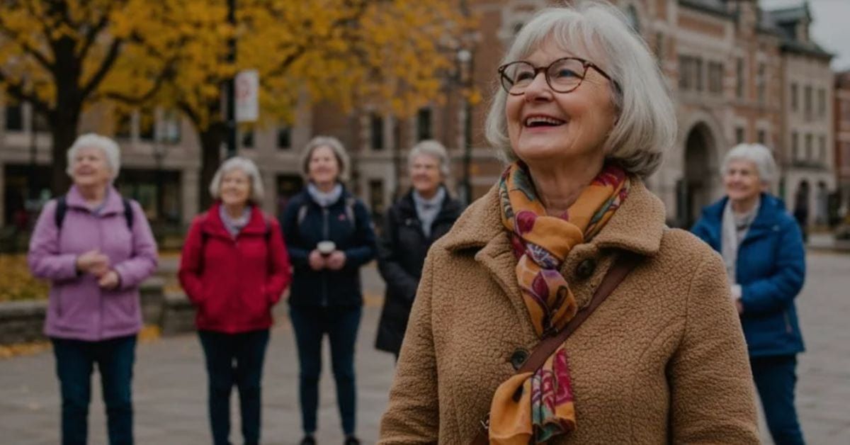 Happy senior travelers on an escorted Canadian guided bus tour, smiling and enjoying a comfortable c