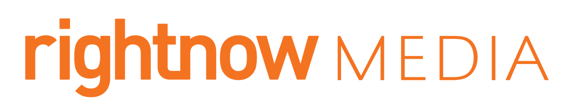 A logo for rightnow media in orange on a white background