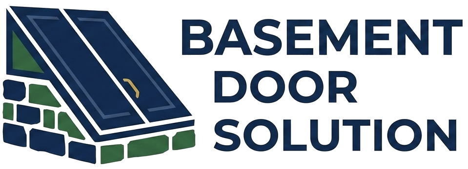 Logo for Basement Door Solution showing a blue slanted cellar door set into a stone wall next to the company name.