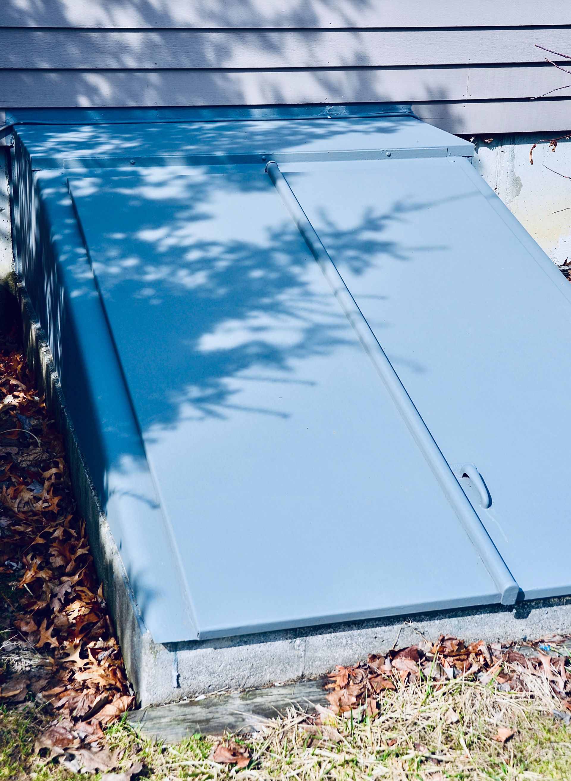 A blue metal storm cellar door slanted against the side of a house foundation, surrounded by fallen leaves on the ground.