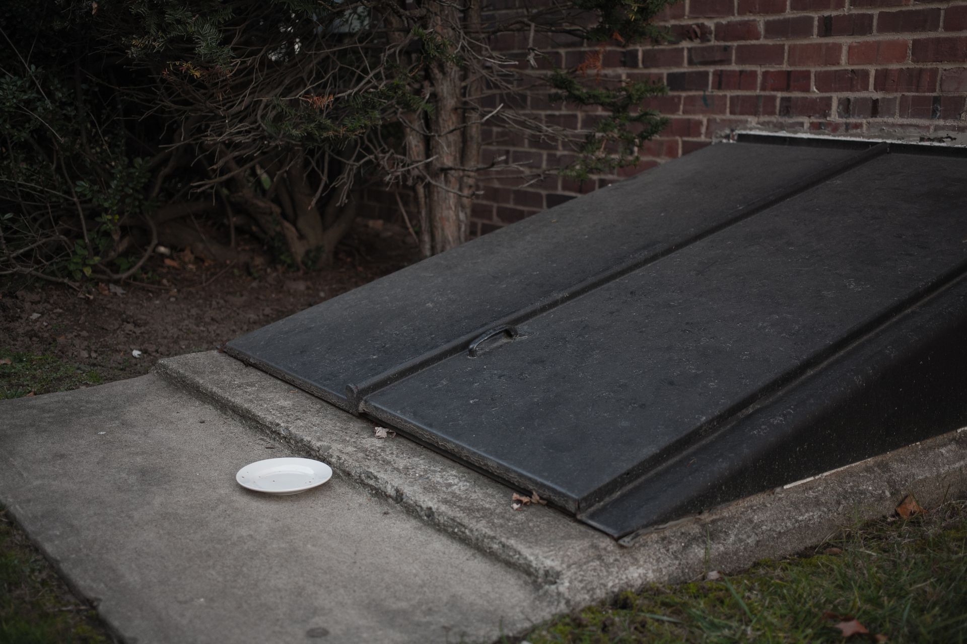 A white plate sits on the concrete pad in front of the slanted metal bulkhead doors of a basement entrance.