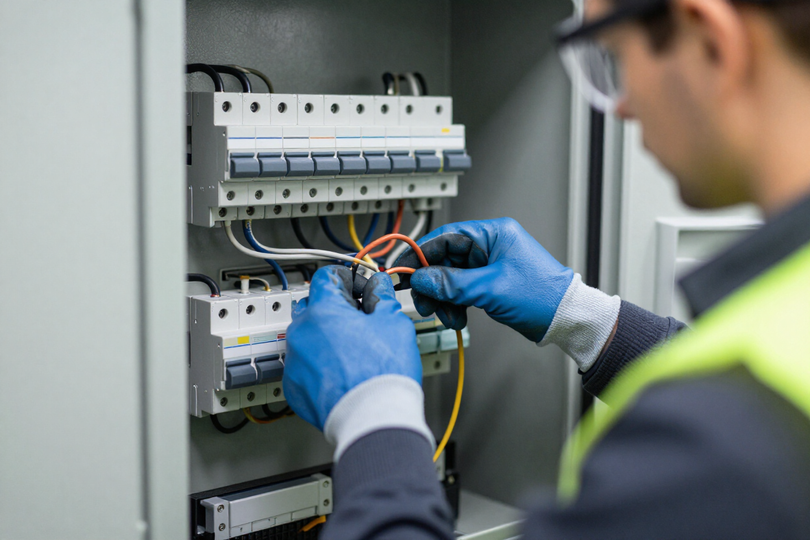 Elettricista certificato che collega i cavi all'interno di un quadro di distribuzione moderno