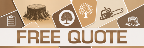 FREE QUOTE, icons with stump, clipboard, trees and chainsaw