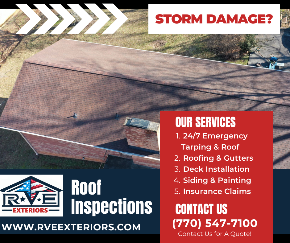 An advertisement for roof inspections shows an aerial view of a roof