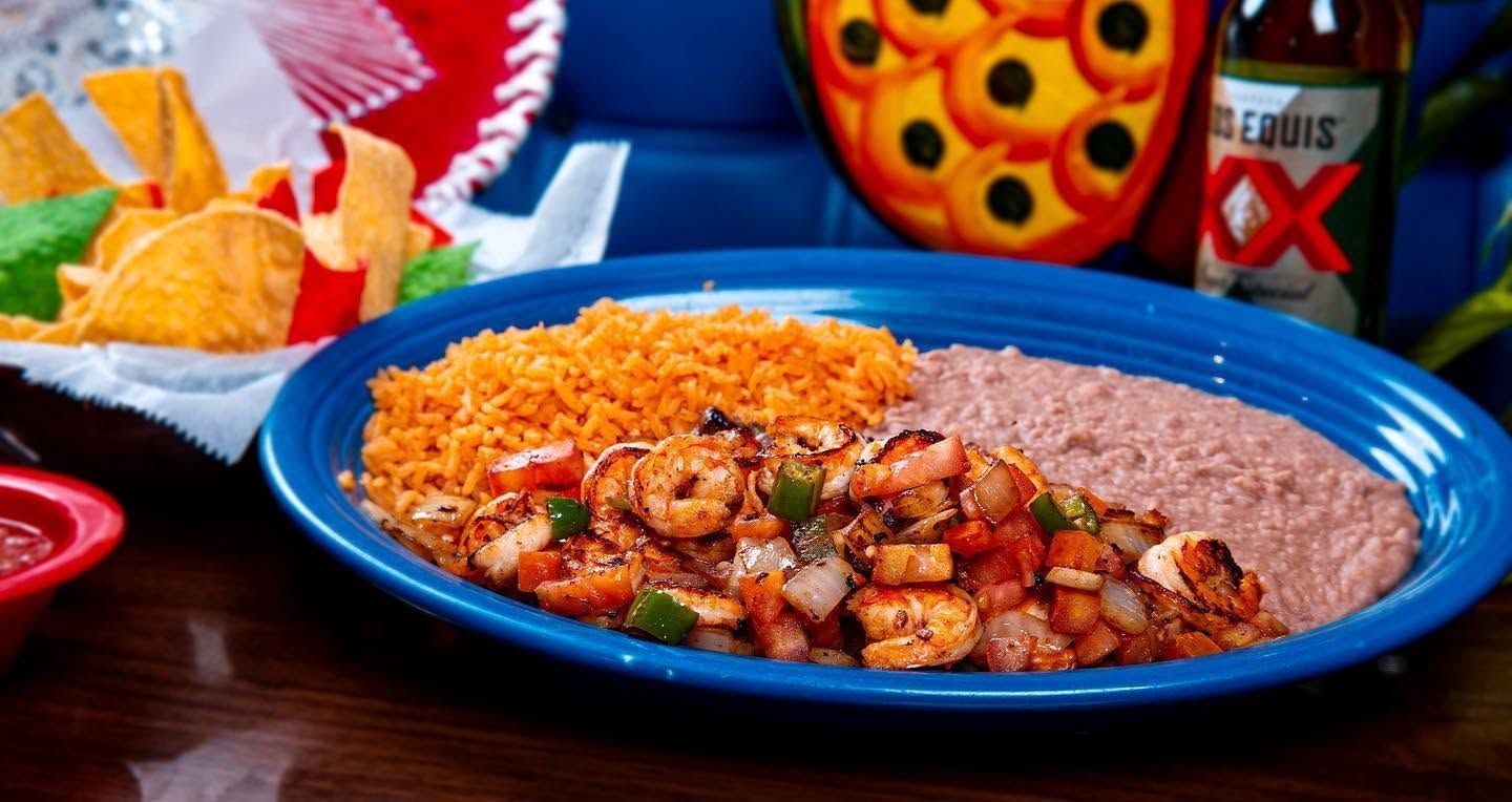 Blue bowl of saucy meat and rice with tortilla chips and salsa on the side