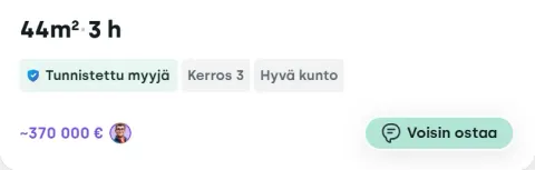 Myyntikohteen kortti, jossa Jaakon arvioima hinta violetilla