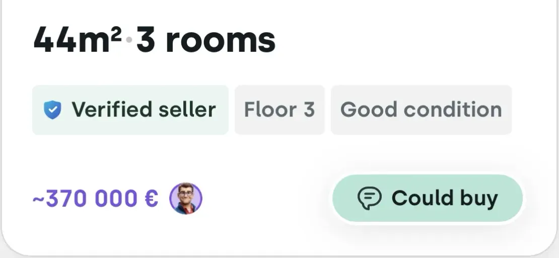 Listing details showing an estimated price of about 370,000 euros in purple with the Jaakko icon