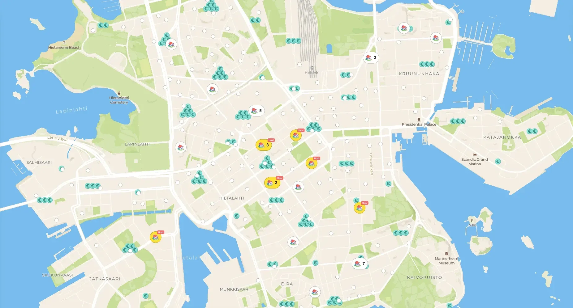 Jaakon asuntokartta, jossa näkyy sekä myynti- että ostokiinnostuksia