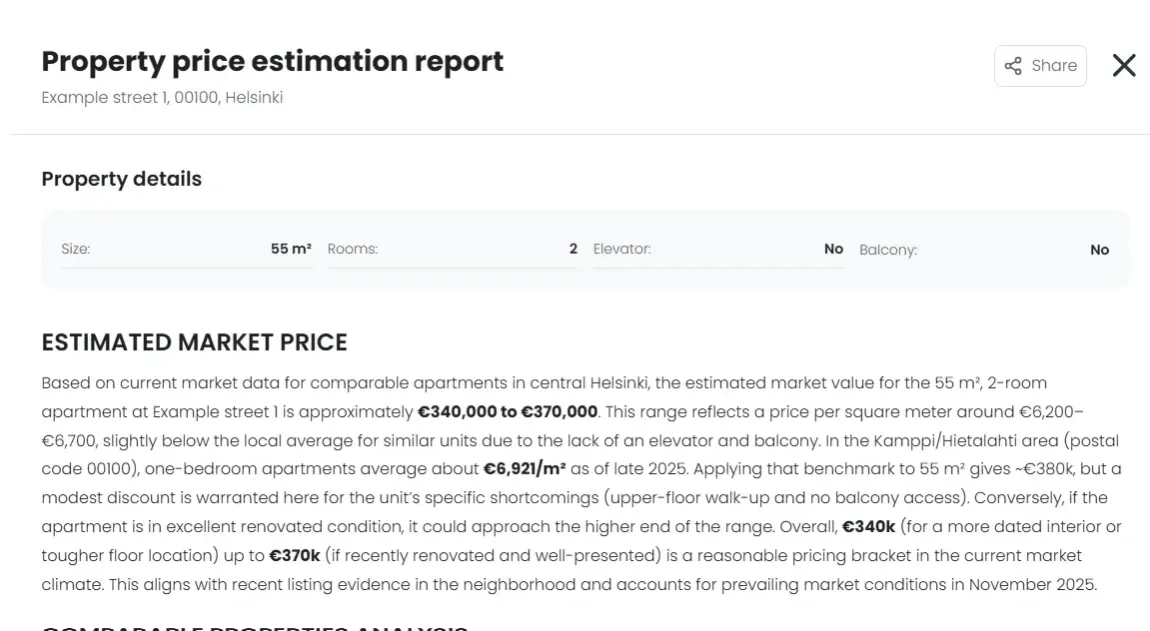 An extract from a price estimate report showing the price range and the reasoning behind it