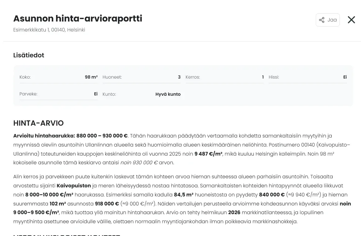 Ote hinta-arvioraportista, jossa kerrotaan arvioitu hintahaarukka ja perustelut