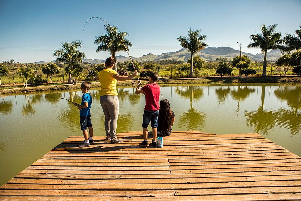 Família pescando em um cais de madeira sobre um lago, com palmeiras e montanhas ao fundo sob um céu ensolarado.