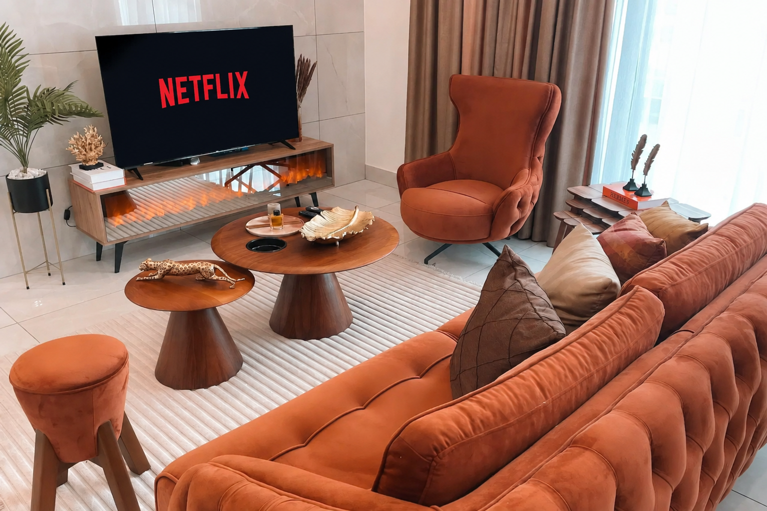 Living room in the Sky Suites two-bedroom apartment at Kass Towers
